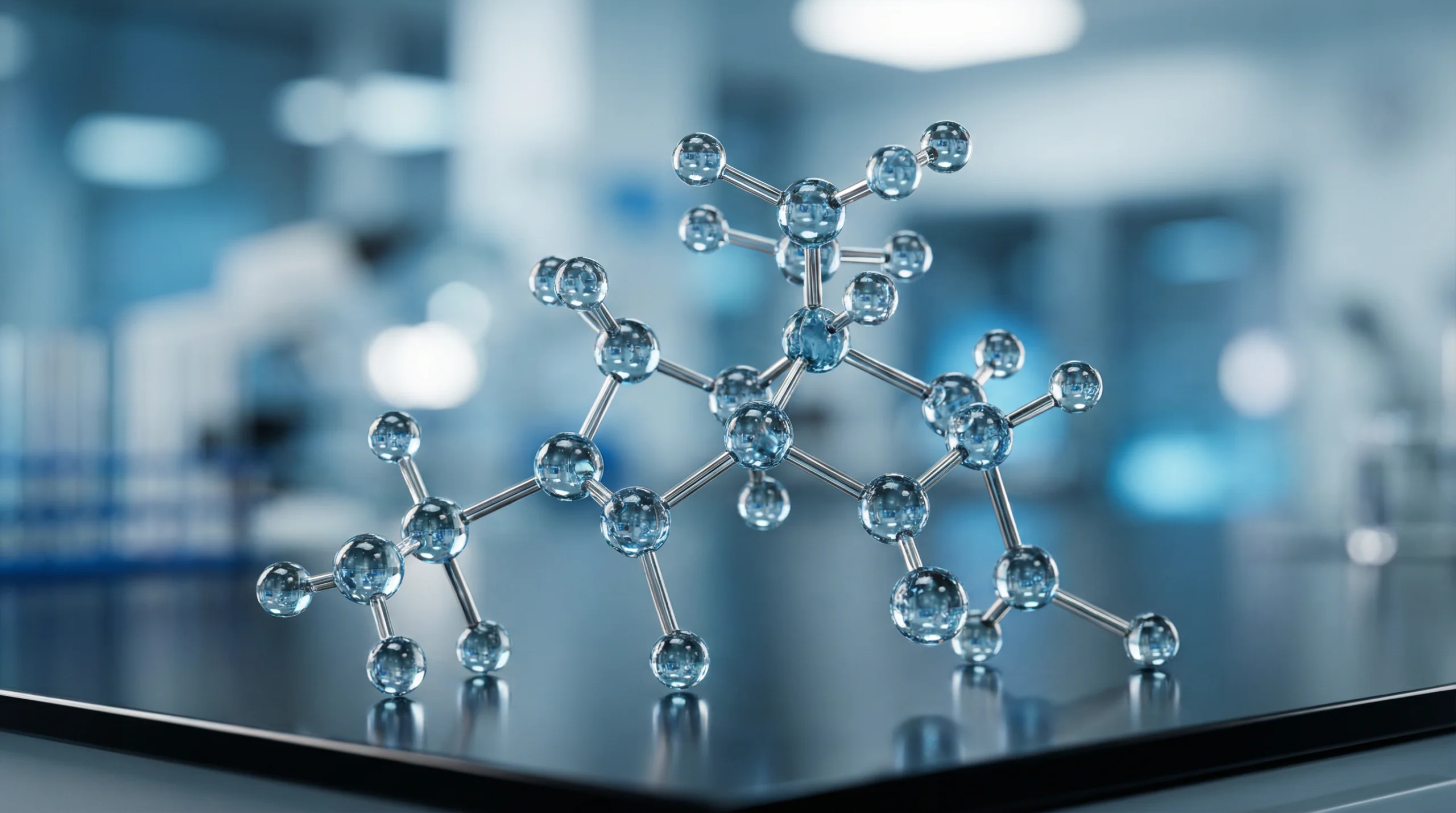 Modelo físico ultra-realista da estrutura molecular da Tirzepatida (princípio ativo do Mounjaro) sobre bancada de laboratório, ilustrando a base científica e a complexidade do medicamento de alto custo.